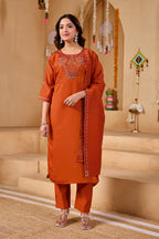 Phool Tokri Embroidered Two-Tone Roman Silk  Kurta Set with Dupatta | 3-Piece Set | Rust Orange