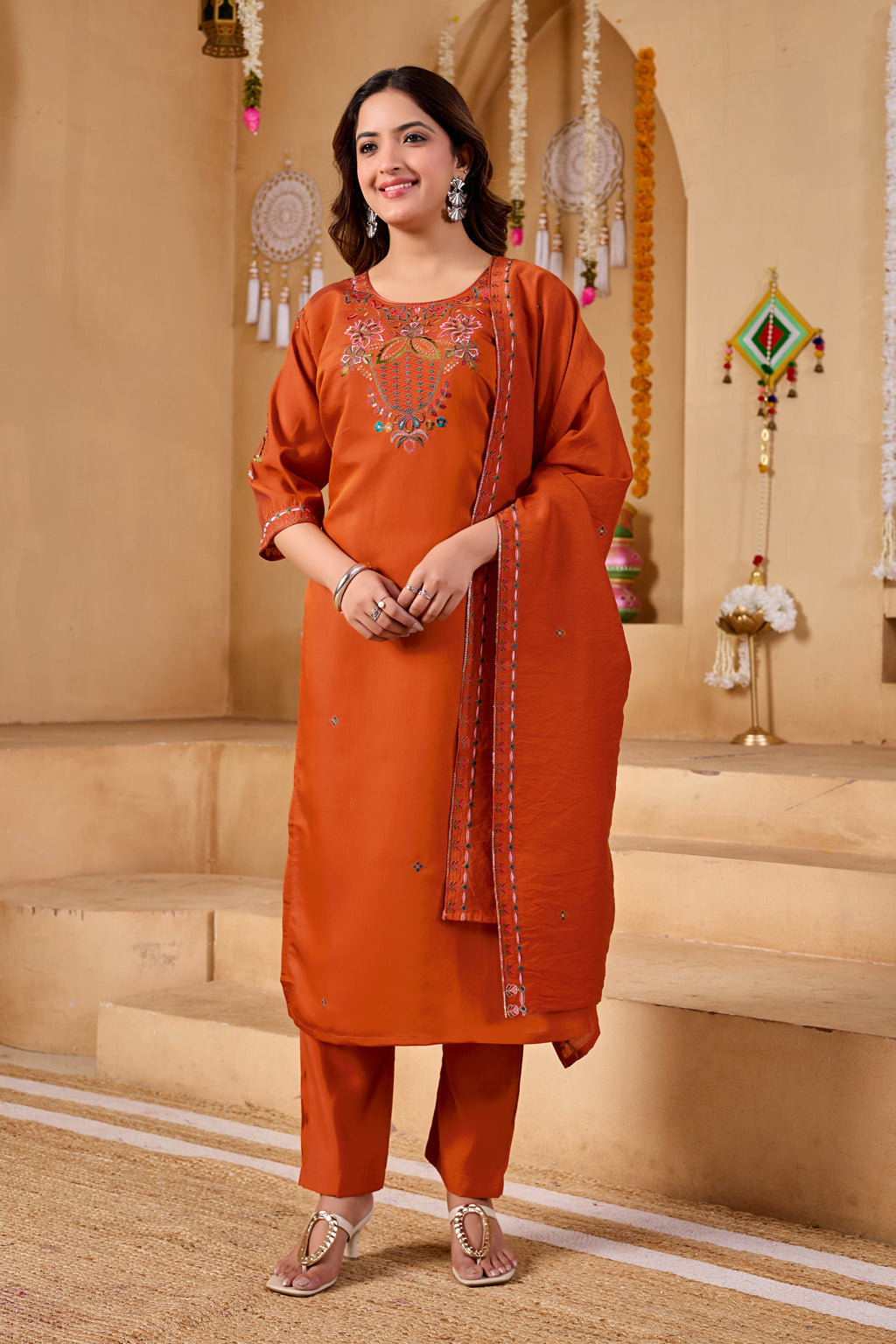 Phool Tokri Embroidered Two-Tone Roman Silk  Kurta Set with Dupatta | 3-Piece Set | Rust Orange