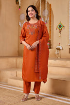 Phool Tokri Embroidered Two-Tone Roman Silk  Kurta Set with Dupatta | 3-Piece Set | Rust Orange