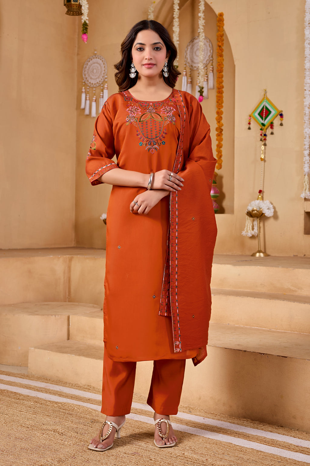 Phool Tokri Embroidered Two-Tone Roman Silk  Kurta Set with Dupatta | 3-Piece Set | Rust Orange