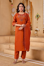 Phool Tokri Embroidered Two-Tone Roman Silk  Kurta Set with Dupatta | 3-Piece Set | Rust Orange