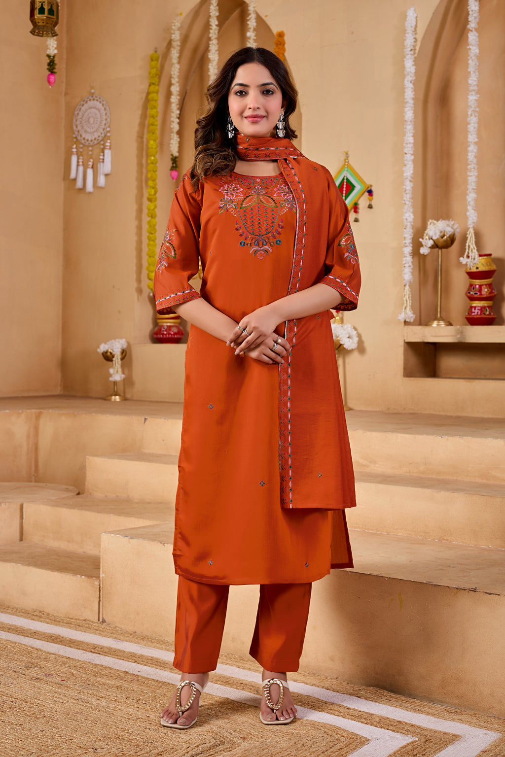 Phool Tokri Embroidered Two-Tone Roman Silk  Kurta Set with Dupatta | 3-Piece Set | Rust Orange