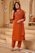 Phool Tokri Embroidered Two-Tone Roman Silk  Kurta Set with Dupatta | 3-Piece Set | Rust Orange
