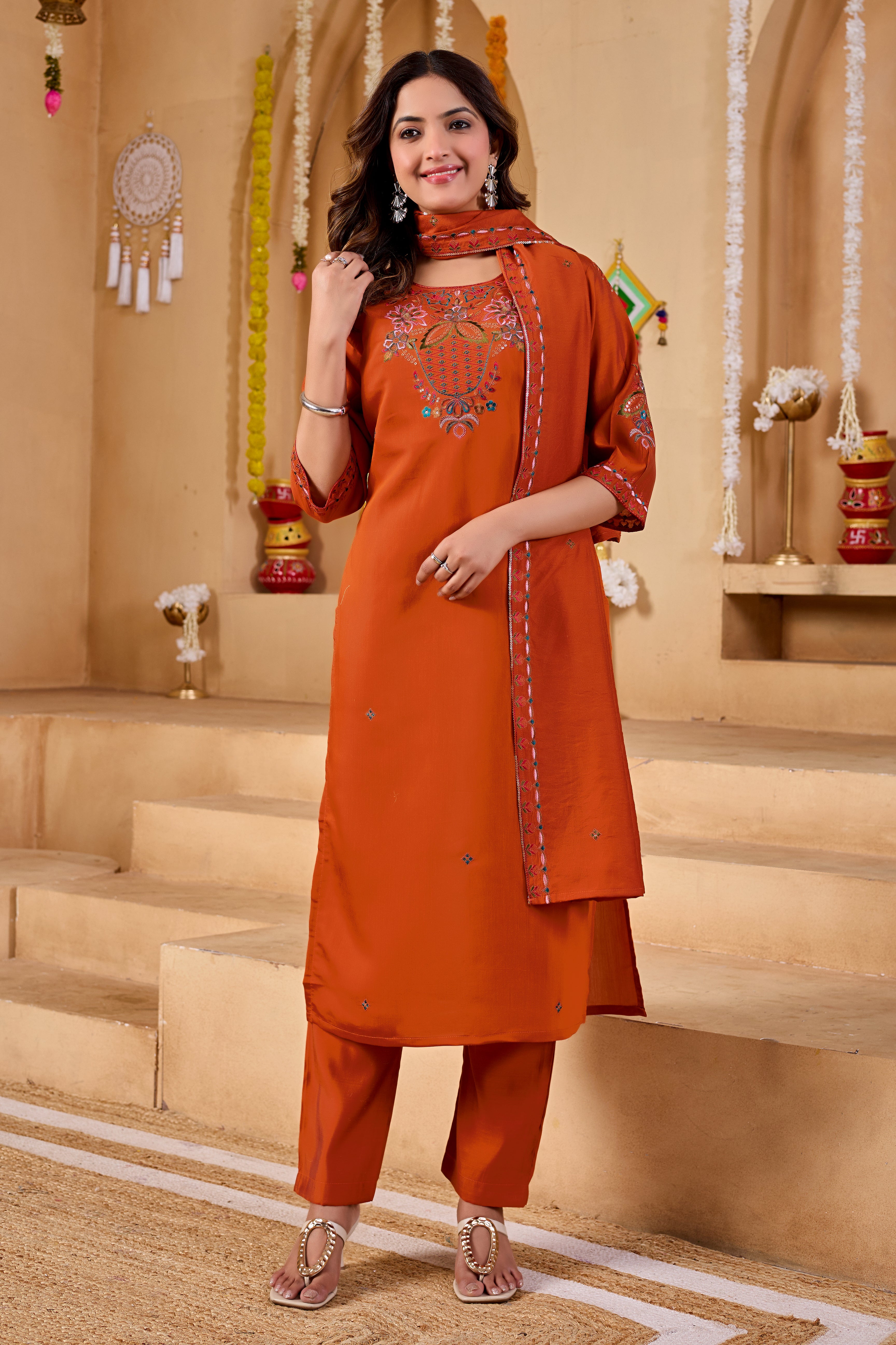 Phool Tokri Embroidered Two-Tone Roman Silk  Kurta Set with Dupatta | 3-Piece Set | Rust Orange