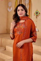 Phool Tokri Embroidered Two-Tone Roman Silk  Kurta Set with Dupatta | 3-Piece Set | Rust Orange