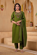 Phool Tokri Embroidered Two-Tone Roman Silk  Kurta Set with Dupatta | 3-Piece Set | Mehendi Green