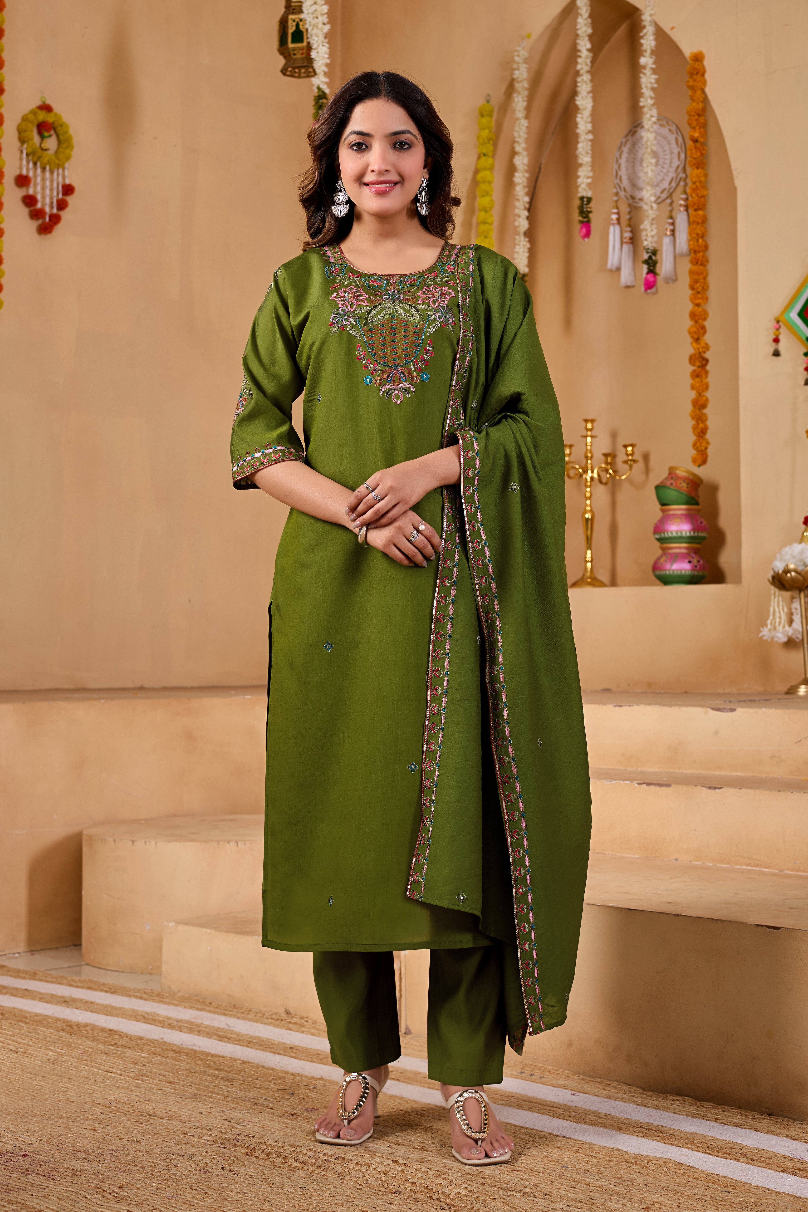 Phool Tokri Embroidered Two-Tone Roman Silk  Kurta Set with Dupatta | 3-Piece Set | Mehendi Green