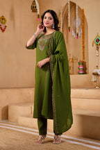 Phool Tokri Embroidered Two-Tone Roman Silk  Kurta Set with Dupatta | 3-Piece Set | Mehendi Green