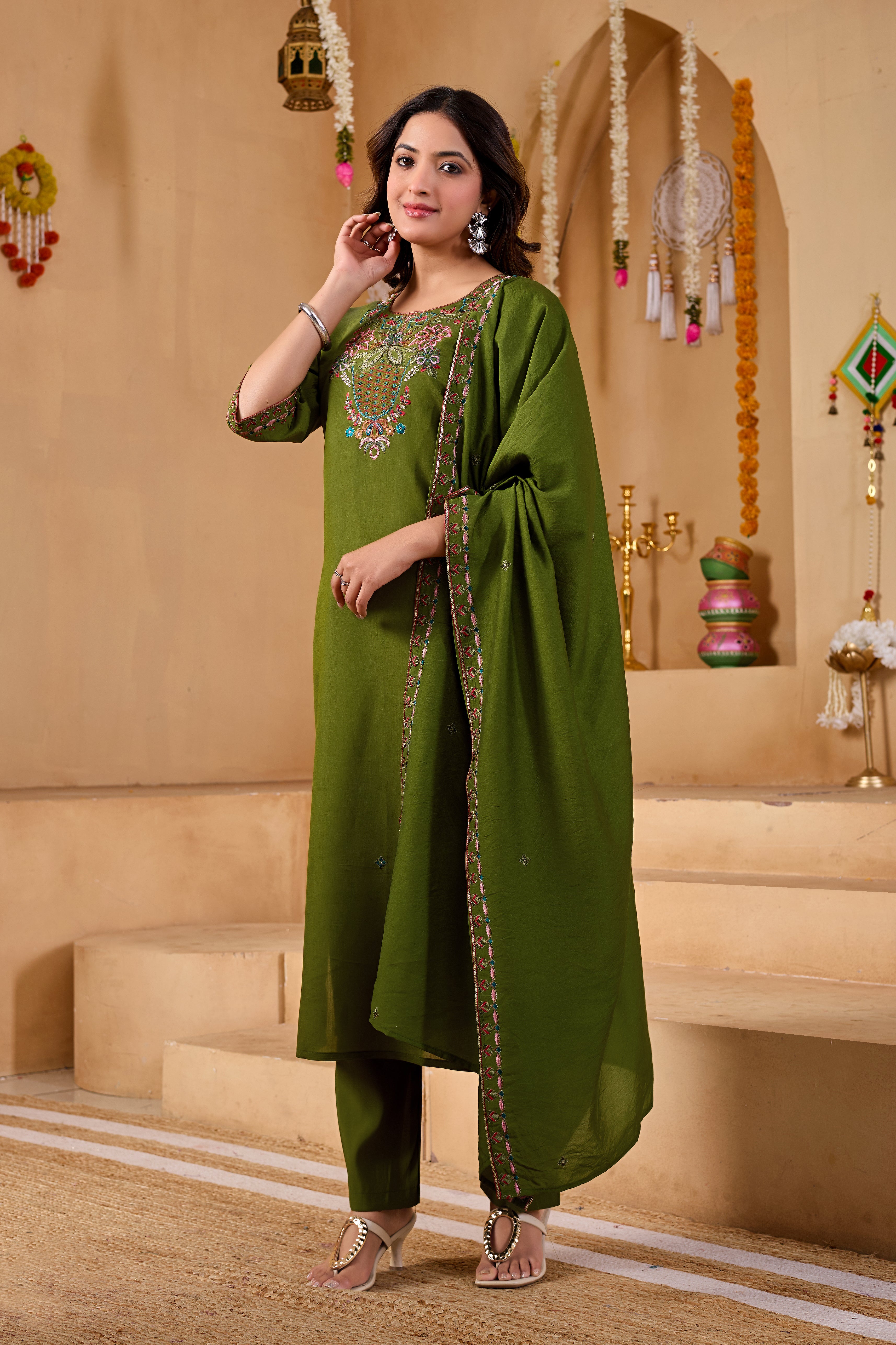 Phool Tokri Embroidered Two-Tone Roman Silk  Kurta Set with Dupatta | 3-Piece Set | Mehendi Green