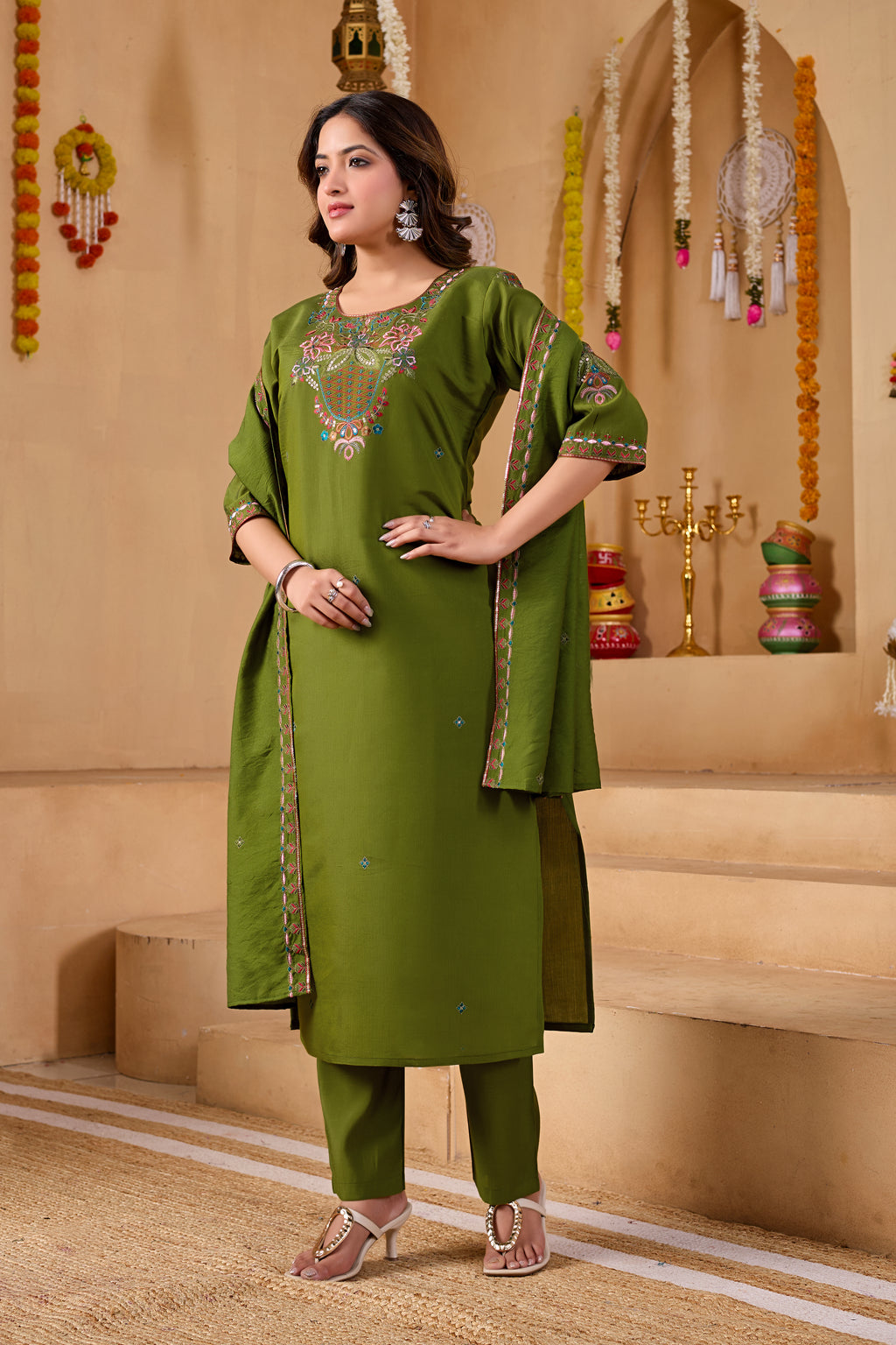Phool Tokri Embroidered Two-Tone Roman Silk  Kurta Set with Dupatta | 3-Piece Set | Mehendi Green