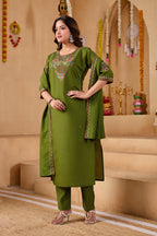 Phool Tokri Embroidered Two-Tone Roman Silk  Kurta Set with Dupatta | 3-Piece Set | Mehendi Green