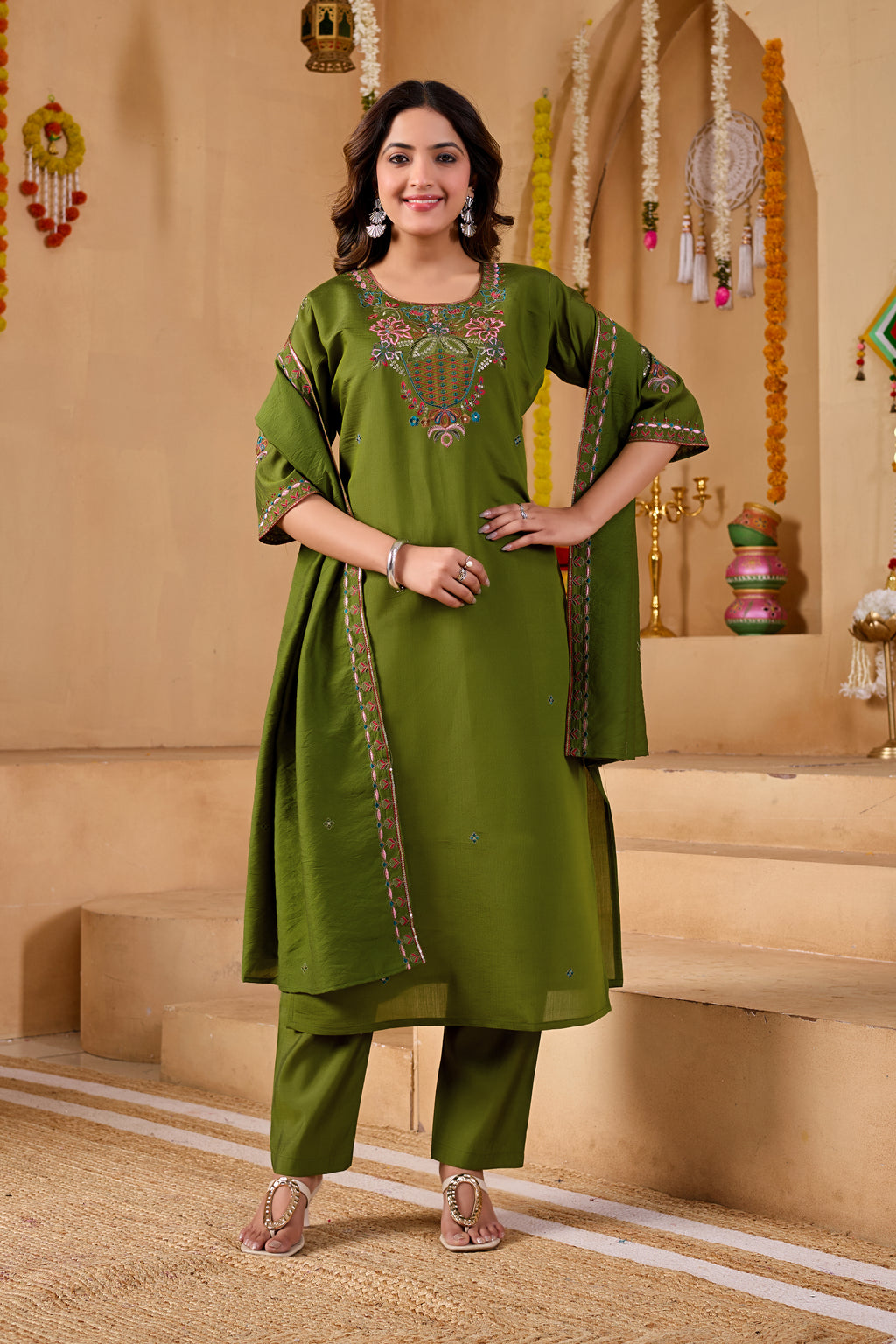 Phool Tokri Embroidered Two-Tone Roman Silk  Kurta Set with Dupatta | 3-Piece Set | Mehendi Green
