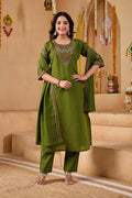 Phool Tokri Embroidered Two-Tone Roman Silk  Kurta Set with Dupatta | 3-Piece Set | Mehendi Green