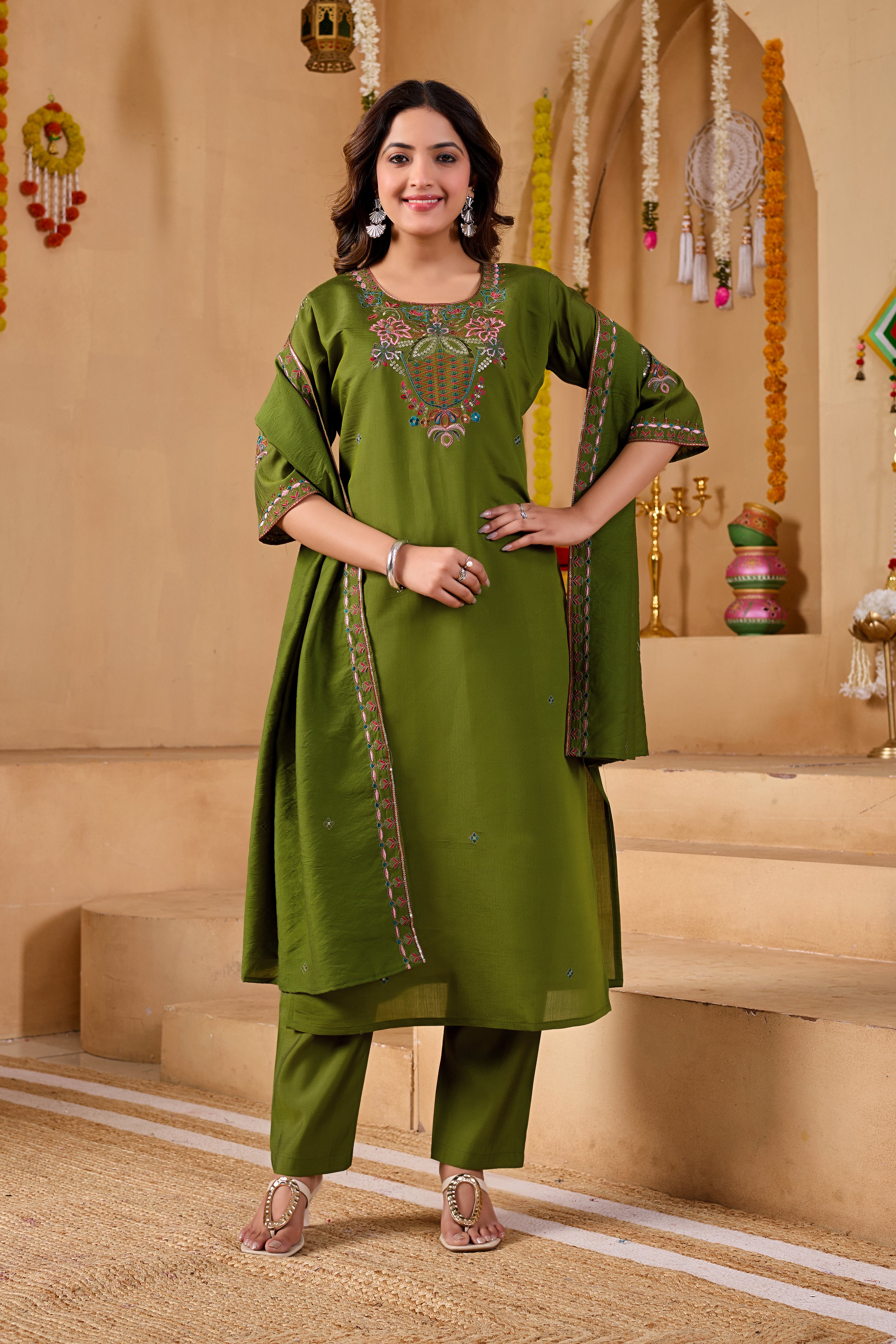 Phool Tokri Embroidered Two-Tone Roman Silk  Kurta Set with Dupatta | 3-Piece Set | Mehendi Green