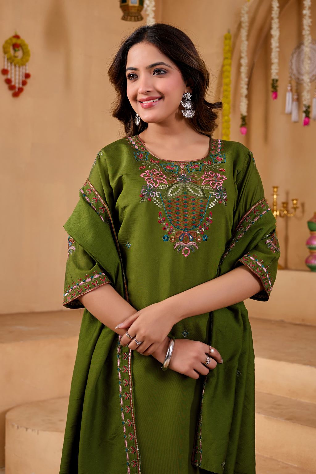 Phool Tokri Embroidered Two-Tone Roman Silk  Kurta Set with Dupatta | 3-Piece Set | Mehendi Green