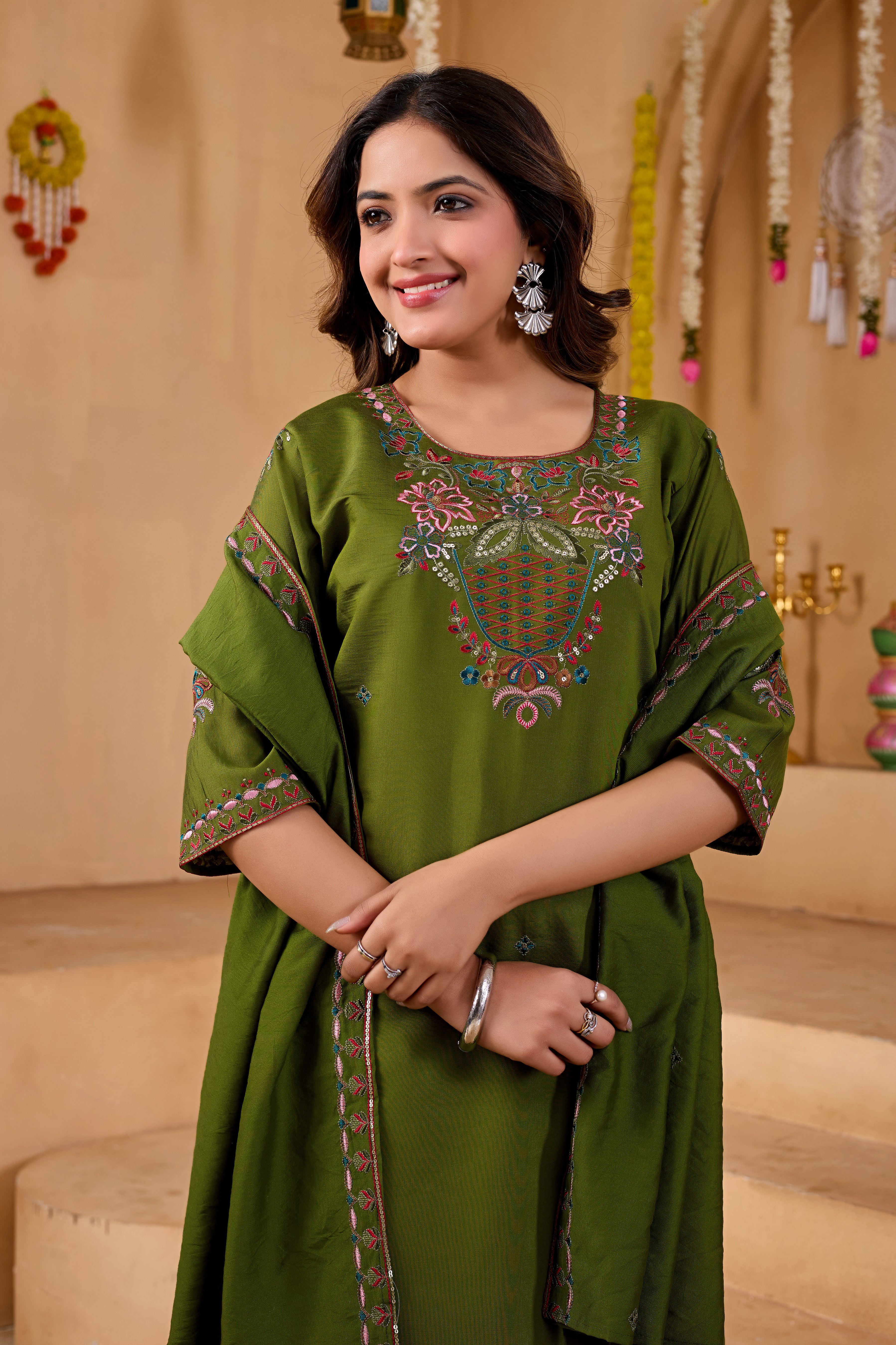 Phool Tokri Embroidered Two-Tone Roman Silk  Kurta Set with Dupatta | 3-Piece Set | Mehendi Green