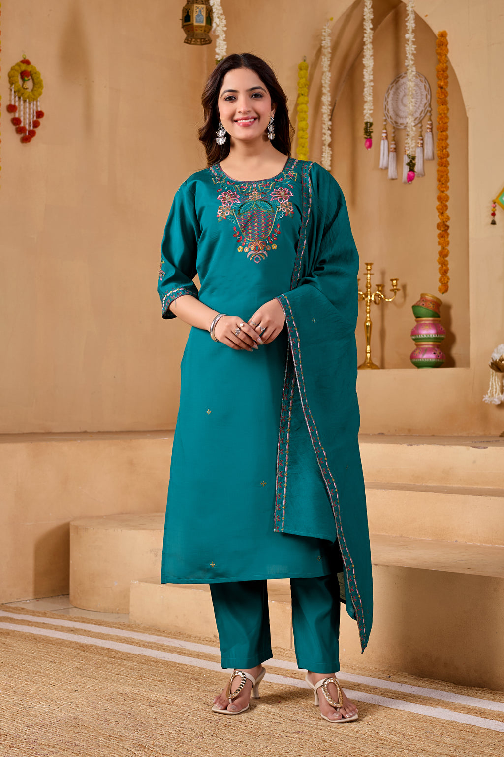 Phool Tokri Embroidered Two-Tone Roman Silk  Kurta Set with Dupatta | 3-Piece Set | Deep Teal Green