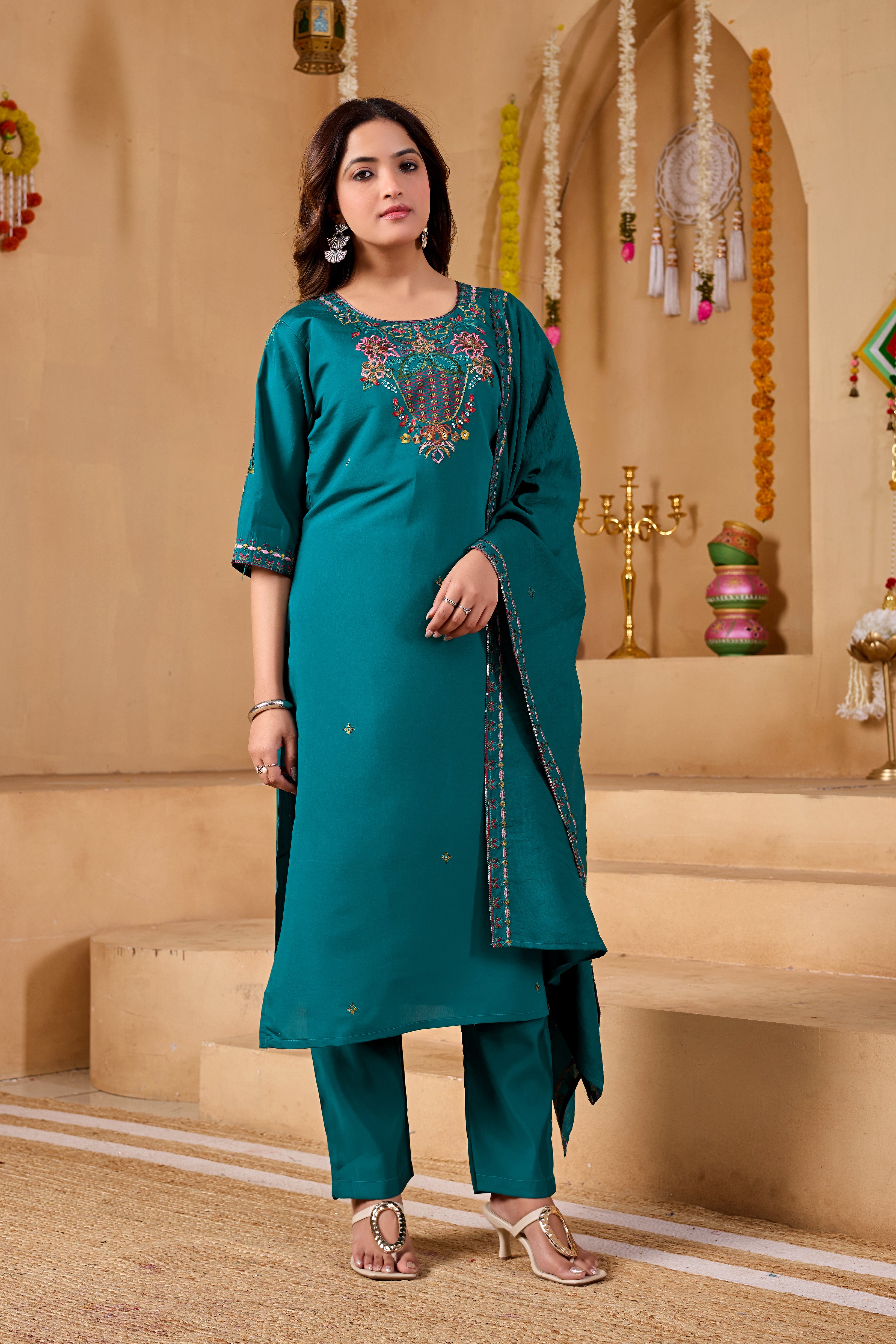 Phool Tokri Embroidered Two-Tone Roman Silk  Kurta Set with Dupatta | 3-Piece Set | Deep Teal Green