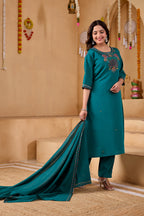 Phool Tokri Embroidered Two-Tone Roman Silk  Kurta Set with Dupatta | 3-Piece Set | Deep Teal Green