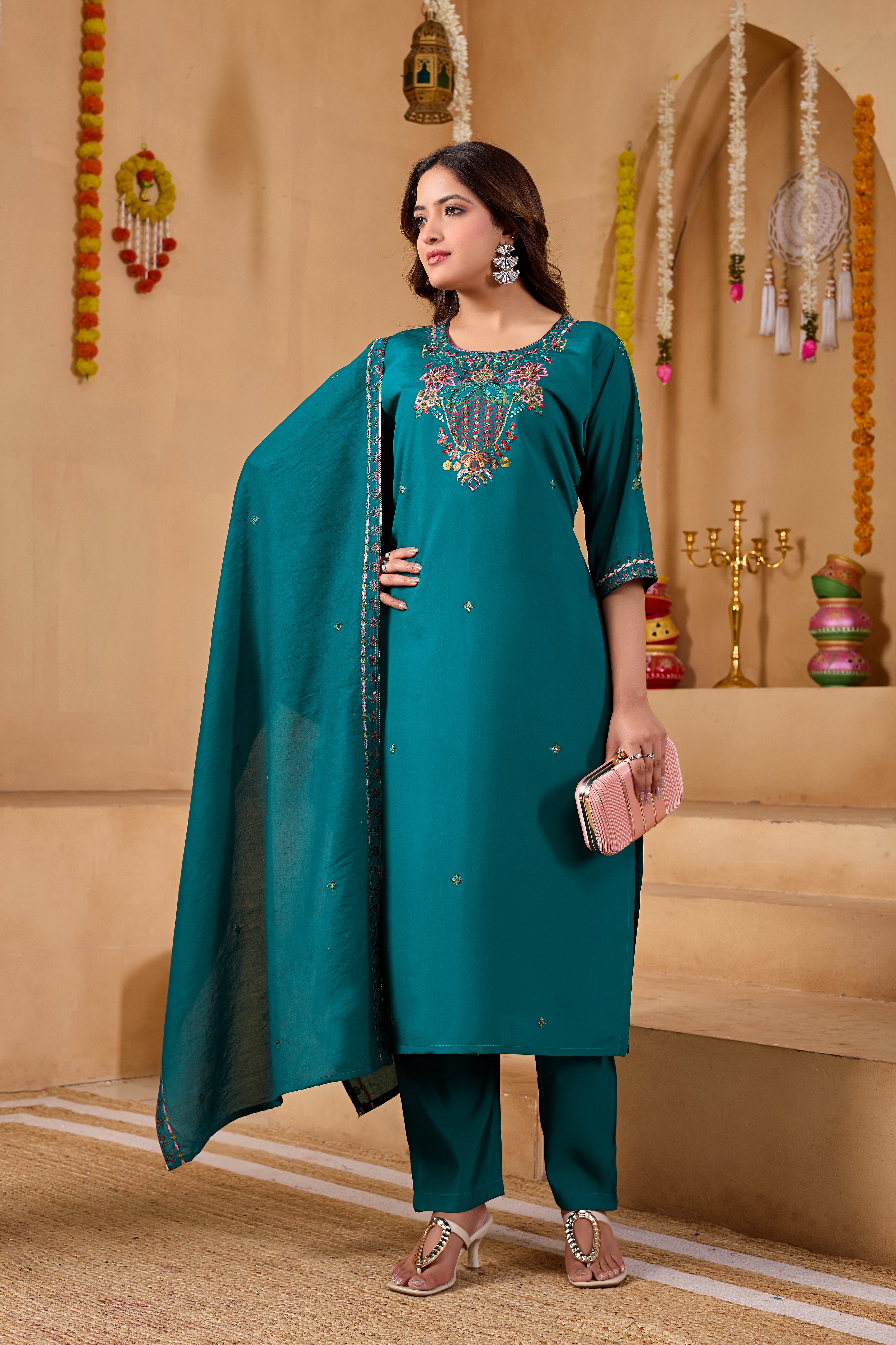 Phool Tokri Embroidered Two-Tone Roman Silk  Kurta Set with Dupatta | 3-Piece Set | Deep Teal Green