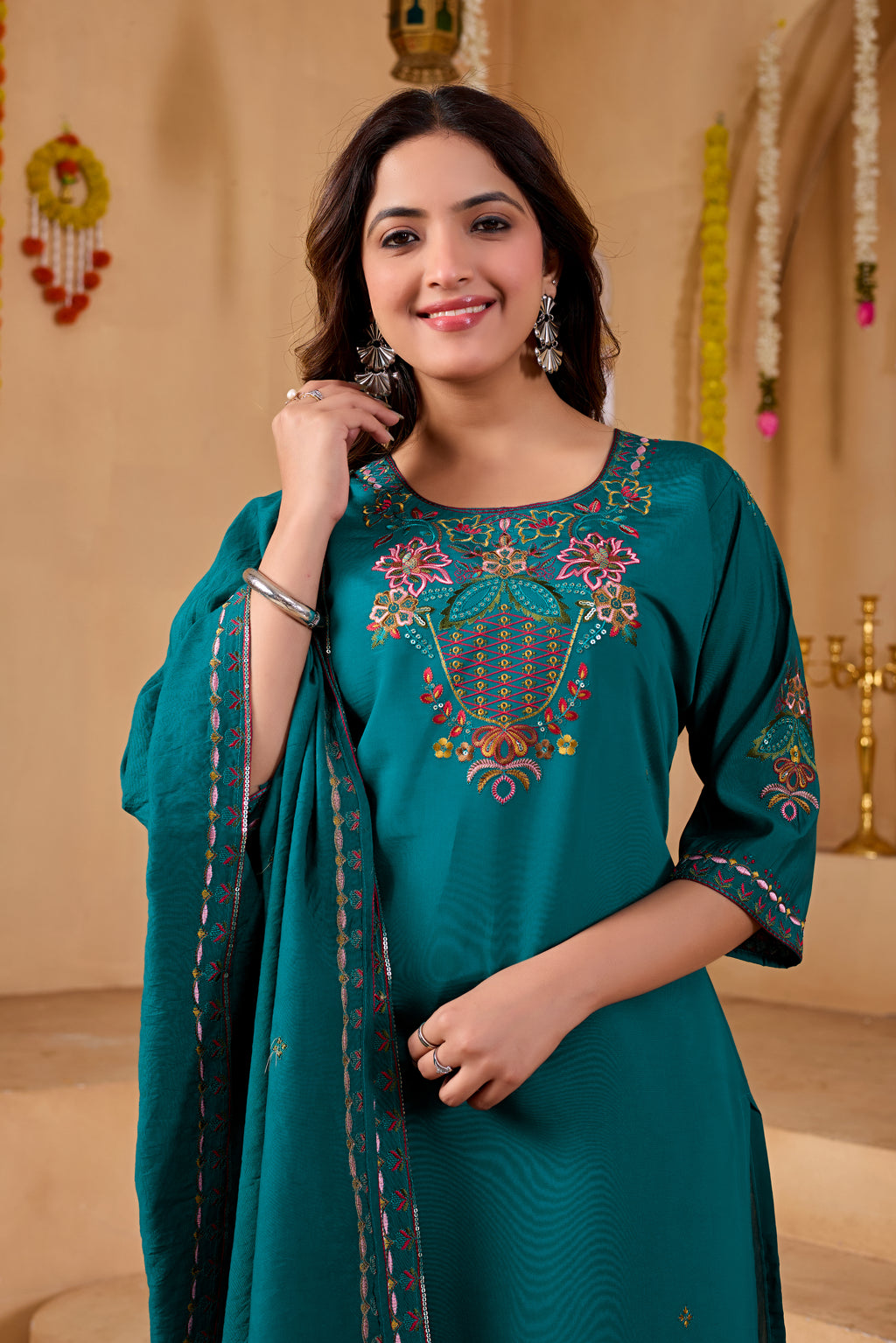 Phool Tokri Embroidered Two-Tone Roman Silk  Kurta Set with Dupatta | 3-Piece Set | Deep Teal Green