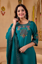 Phool Tokri Embroidered Two-Tone Roman Silk  Kurta Set with Dupatta | 3-Piece Set | Deep Teal Green
