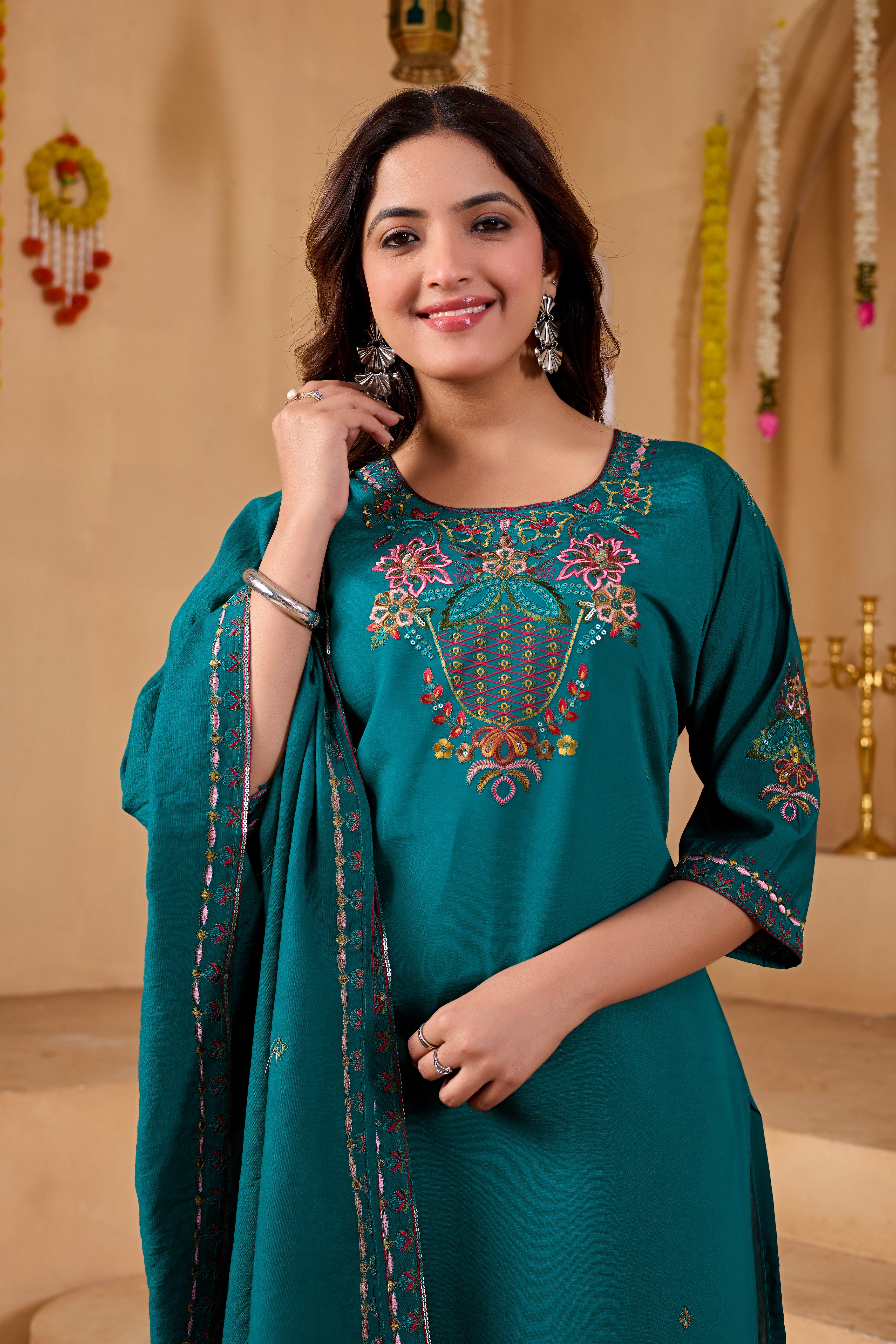 Phool Tokri Embroidered Two-Tone Roman Silk  Kurta Set with Dupatta | 3-Piece Set | Deep Teal Green