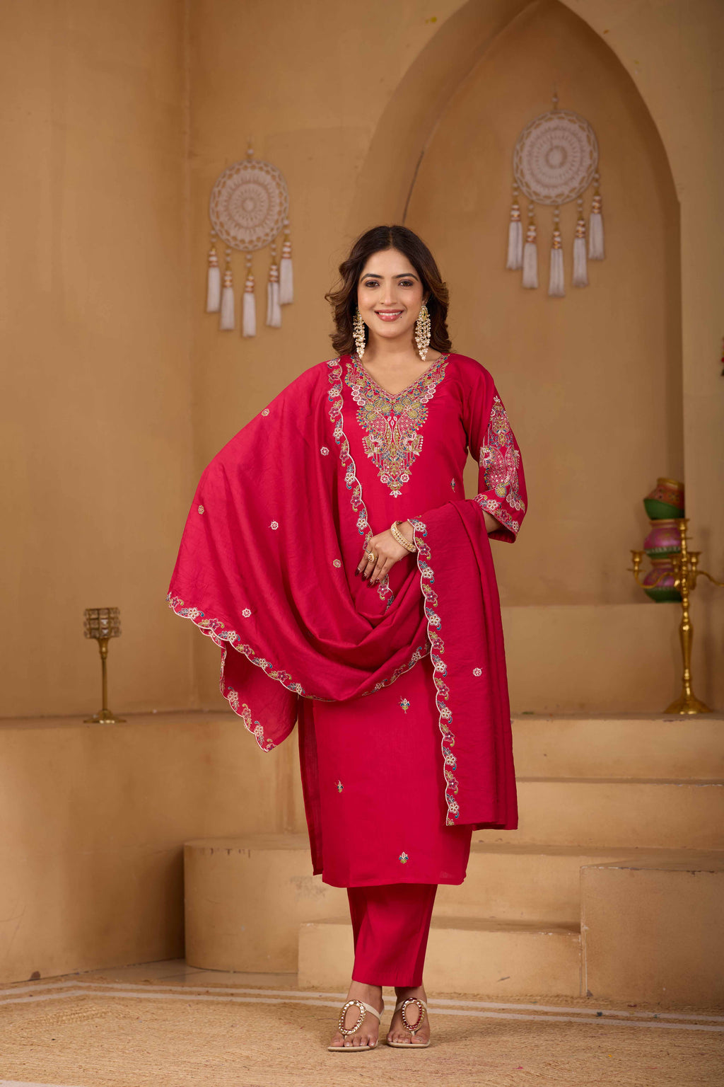 Festive Rani Pink Silk 3-Piece Kurta Pant Set with Dupatta