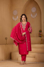 Festive Rani Pink Silk 3-Piece Kurta Pant Set with Dupatta