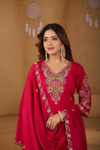 Festive Rani Pink Silk 3-Piece Kurta Pant Set with Dupatta