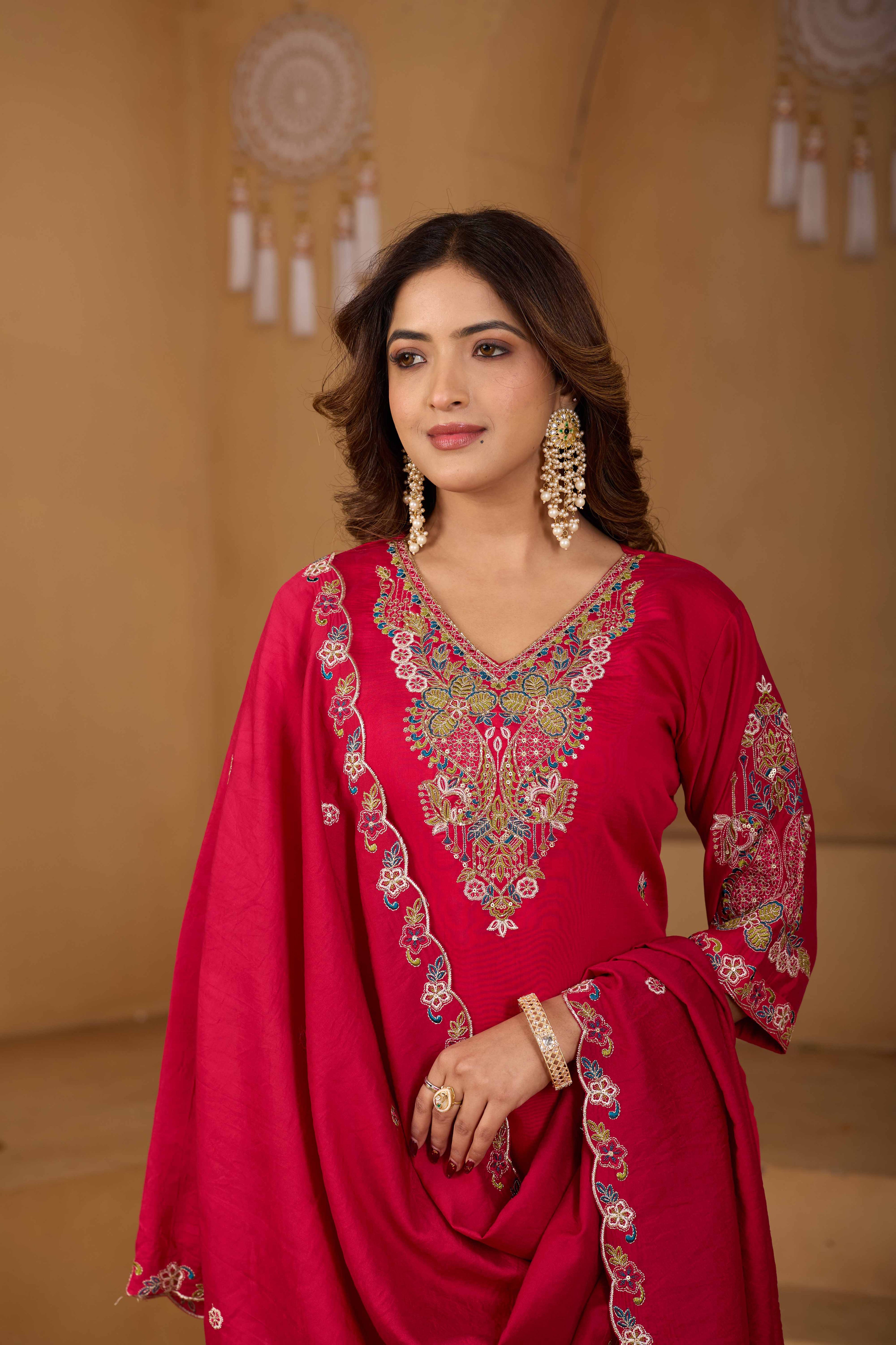 Festive Rani Pink Silk 3-Piece Kurta Pant Set with Dupatta