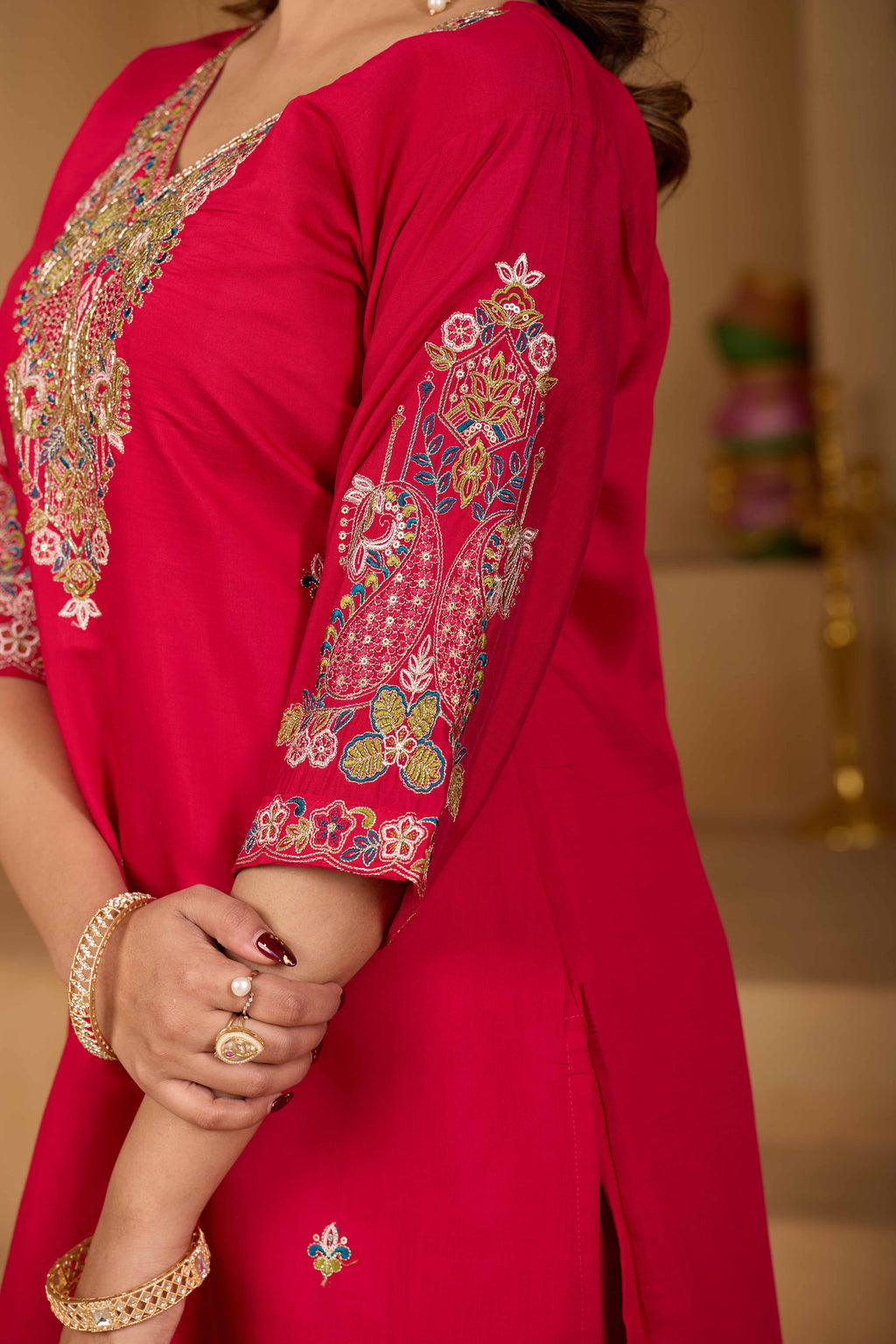 Festive Rani Pink Silk 3-Piece Kurta Pant Set with Dupatta