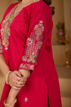 Festive Rani Pink Silk 3-Piece Kurta Pant Set with Dupatta