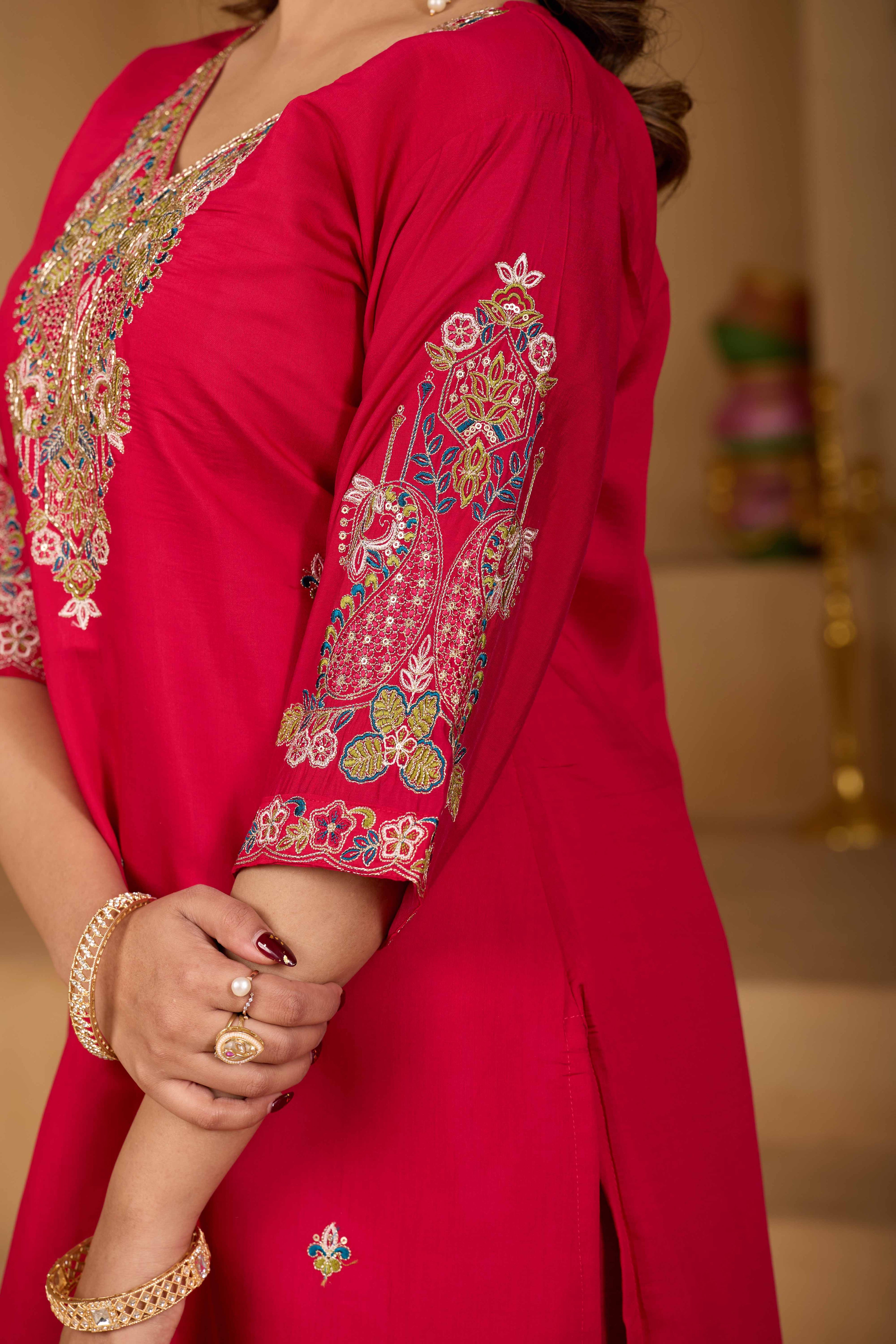 Festive Rani Pink Silk 3-Piece Kurta Pant Set with Dupatta