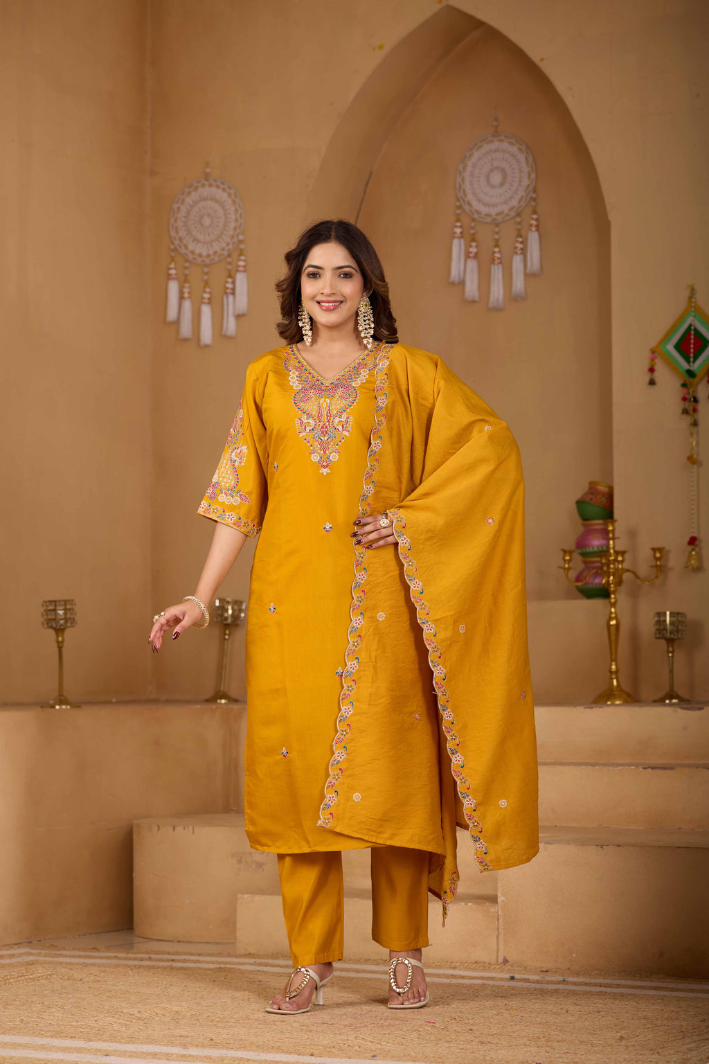 Festive Mustard Yellow Silk 3-Piece Kurta Pant Set with Dupatta