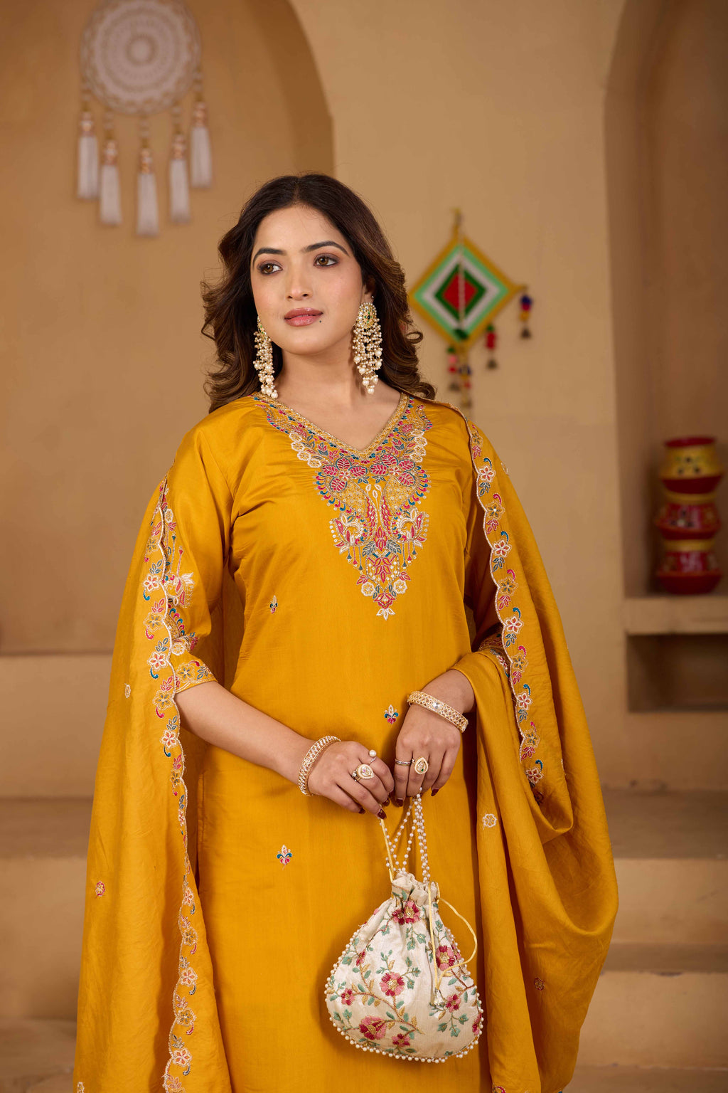 Festive Mustard Yellow Silk 3-Piece Kurta Pant Set with Dupatta