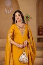 Festive Mustard Yellow Silk 3-Piece Kurta Pant Set with Dupatta
