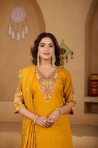 Festive Mustard Yellow Silk 3-Piece Kurta Pant Set with Dupatta