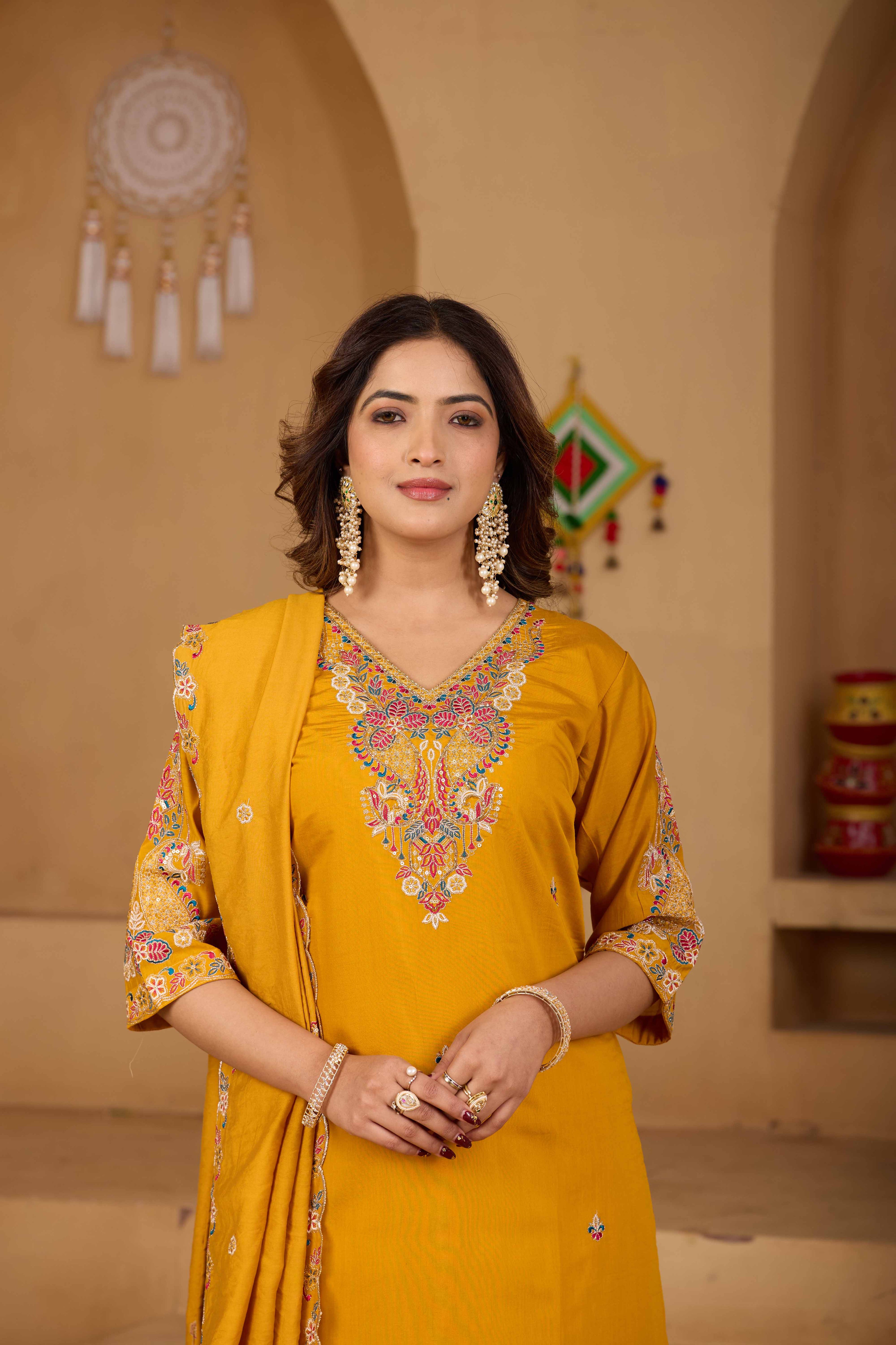 Festive Mustard Yellow Silk 3-Piece Kurta Pant Set with Dupatta
