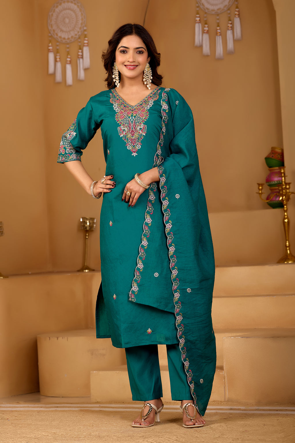 Festive Teal Green Silk 3-Piece Kurta Pant Set with Dupatta