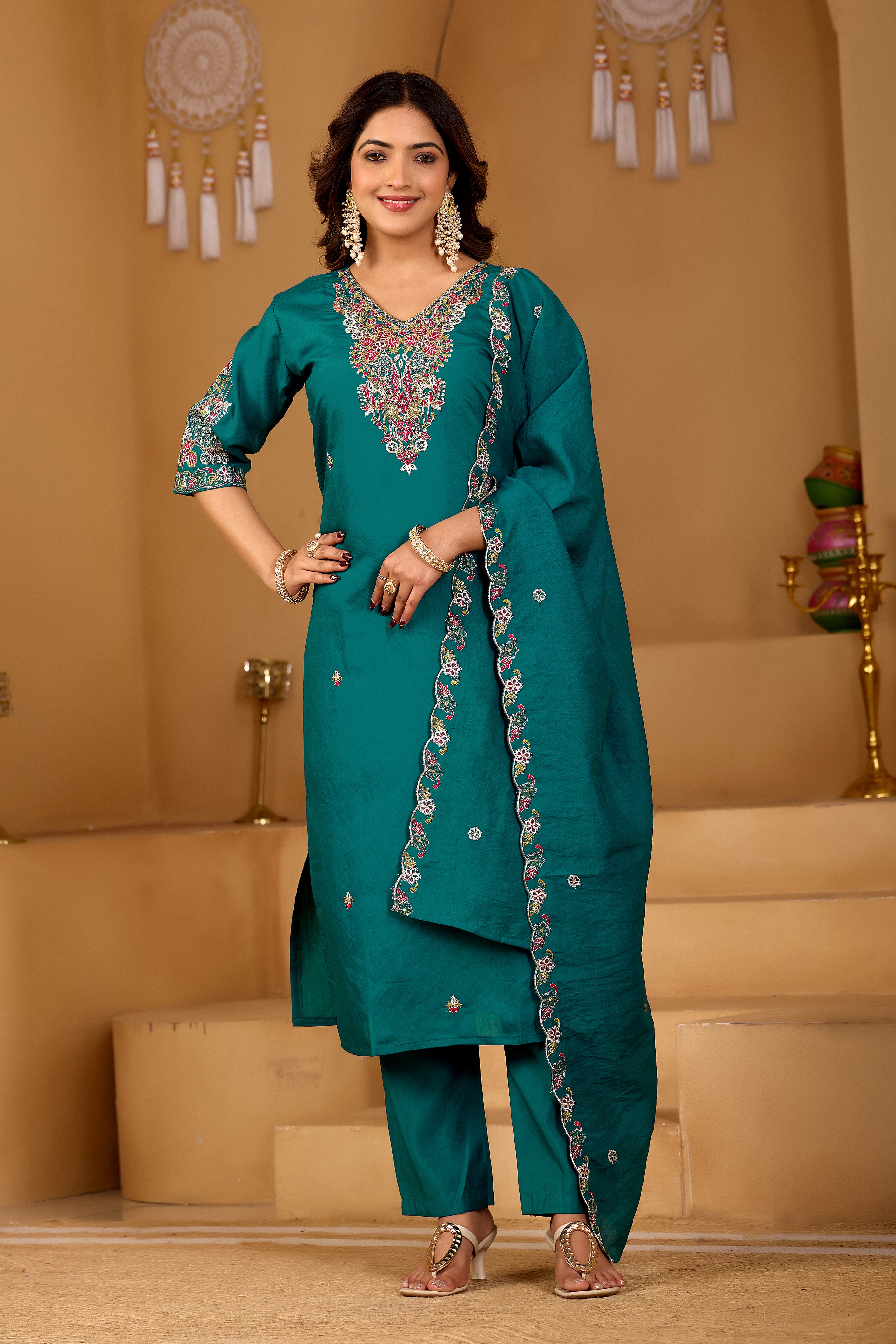 Festive Teal Green Silk 3-Piece Kurta Pant Set with Dupatta
