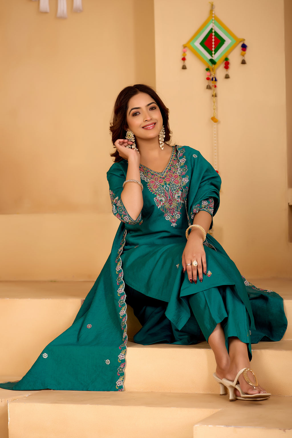 Festive Teal Green Silk 3-Piece Kurta Pant Set with Dupatta