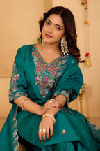 Festive Teal Green Silk 3-Piece Kurta Pant Set with Dupatta