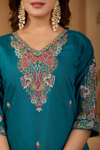 Festive Teal Green Silk 3-Piece Kurta Pant Set with Dupatta