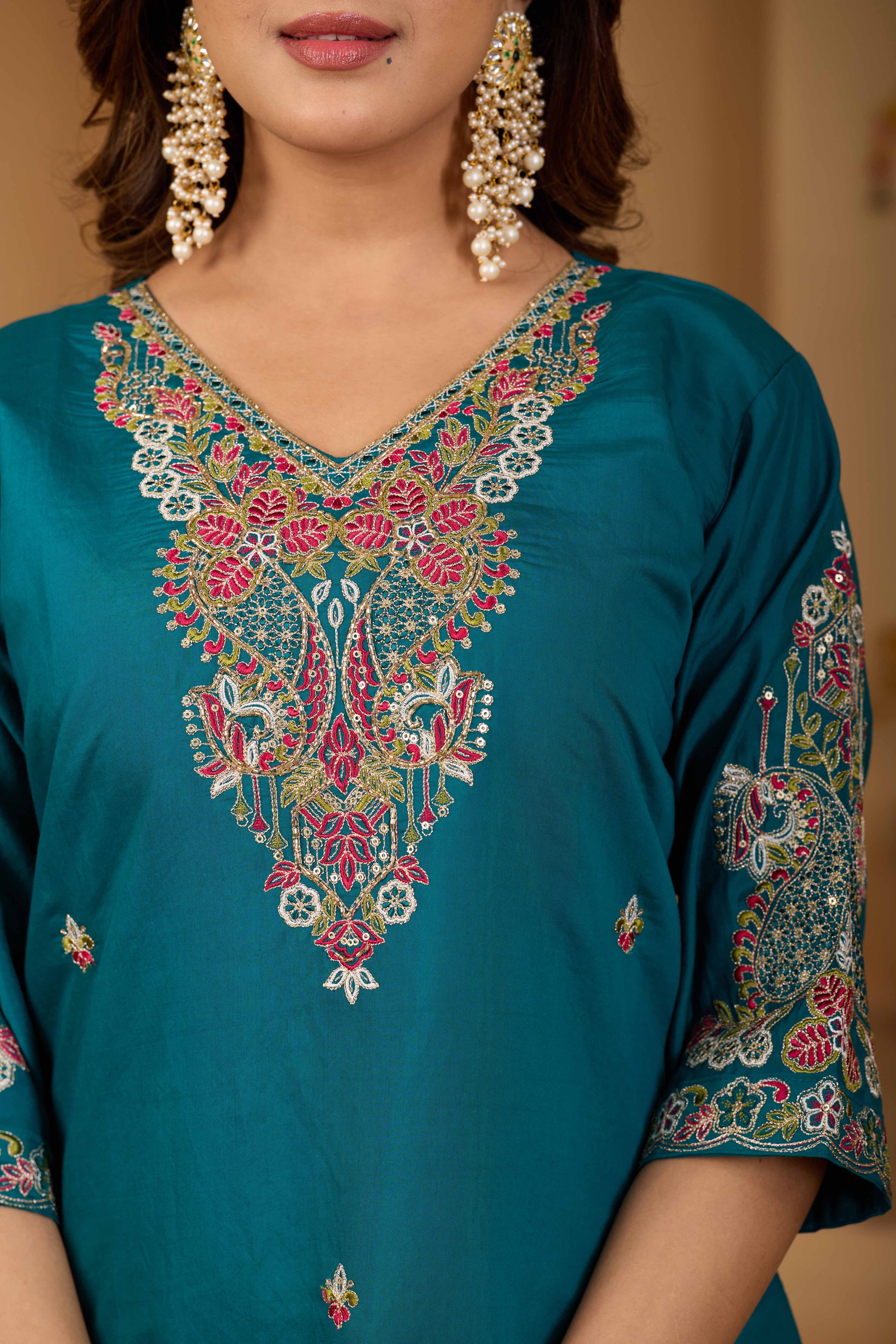 Festive Teal Green Silk 3-Piece Kurta Pant Set with Dupatta