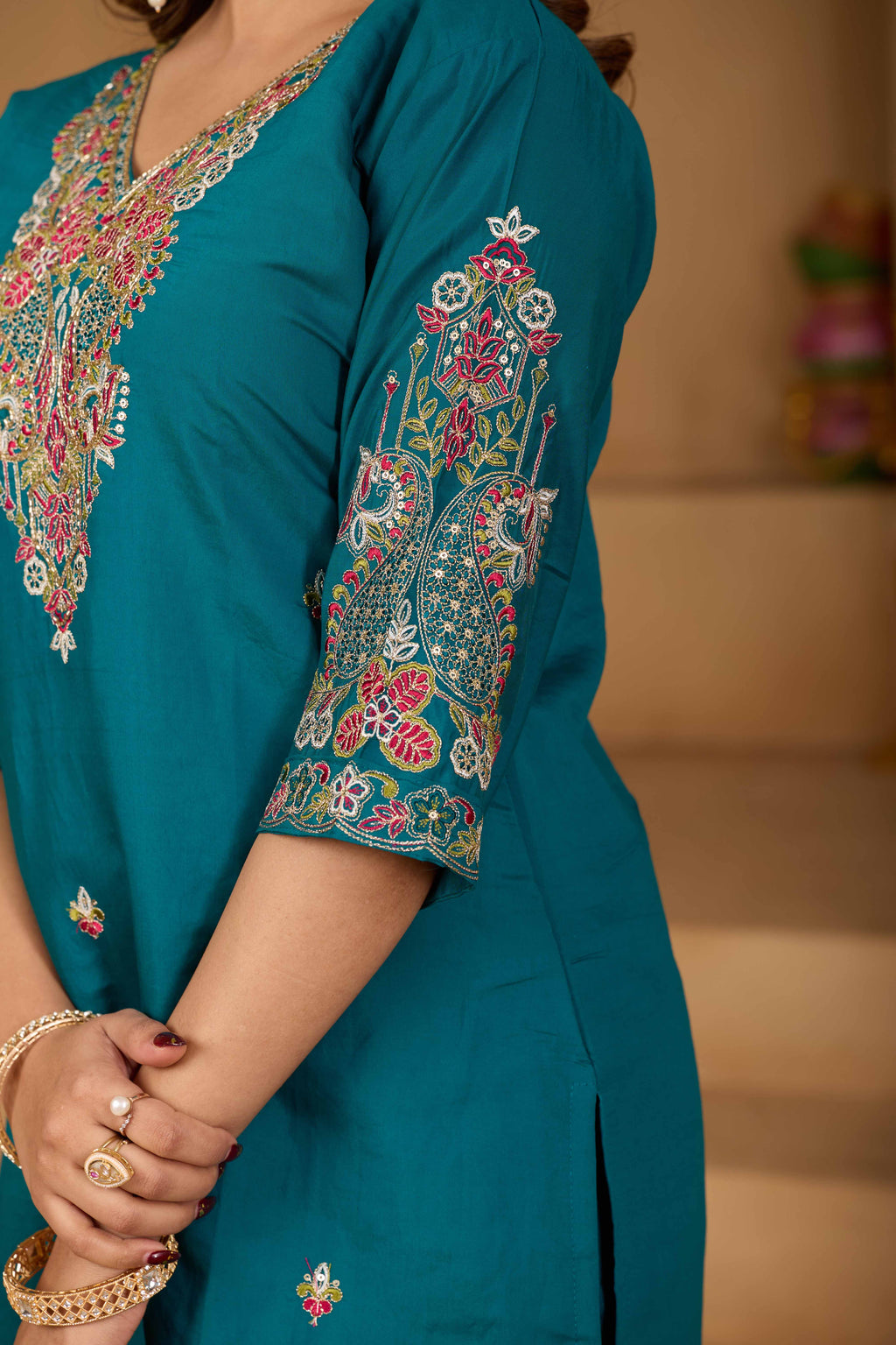 Festive Teal Green Silk 3-Piece Kurta Pant Set with Dupatta