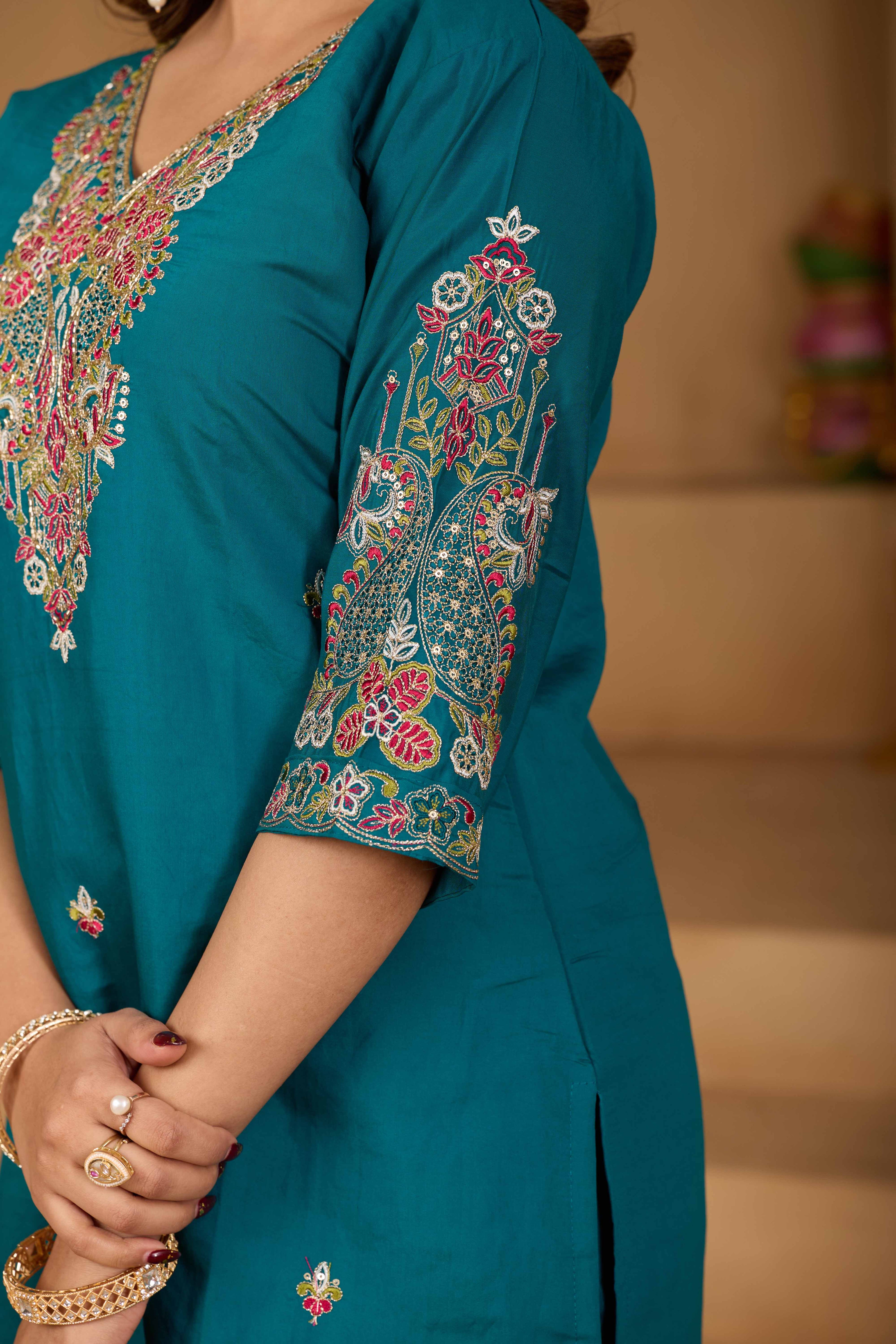Festive Teal Green Silk 3-Piece Kurta Pant Set with Dupatta