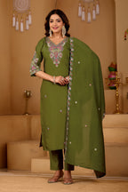 Festive Olive Green Silk 3-Piece Kurta Pant Set with Dupatta