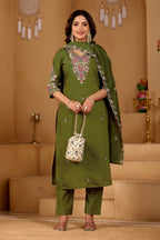 Festive Olive Green Silk 3-Piece Kurta Pant Set with Dupatta