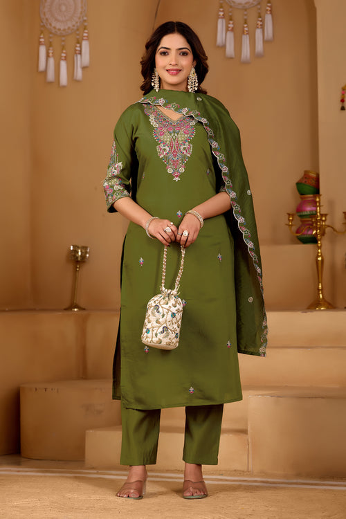 Festive Olive Green Silk 3-Piece Kurta Pant Set with Dupatta